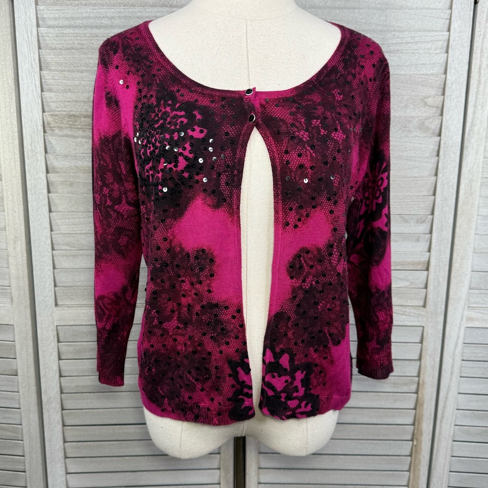 EXPRESS (Design Studio) Two Button Sequin Cardigan Magenta/Black-Medium